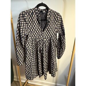 H&M Navy Boho Block Print Tunic Mini Dress — Long Sleeve, V-Neck, Peplum